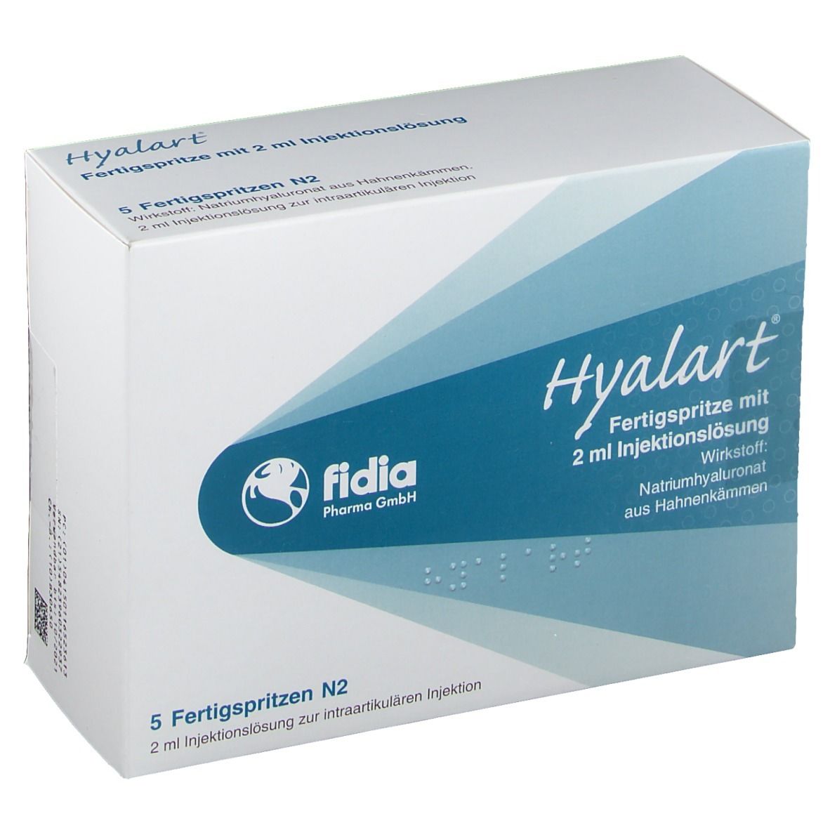 Weiße Faltschachtel mit blauer Schrift und Logo. Beschriftung: Hyalart, Fertigspritze mit 2 ml Injektionslösung. Enthält 5 Fertigspritzen.