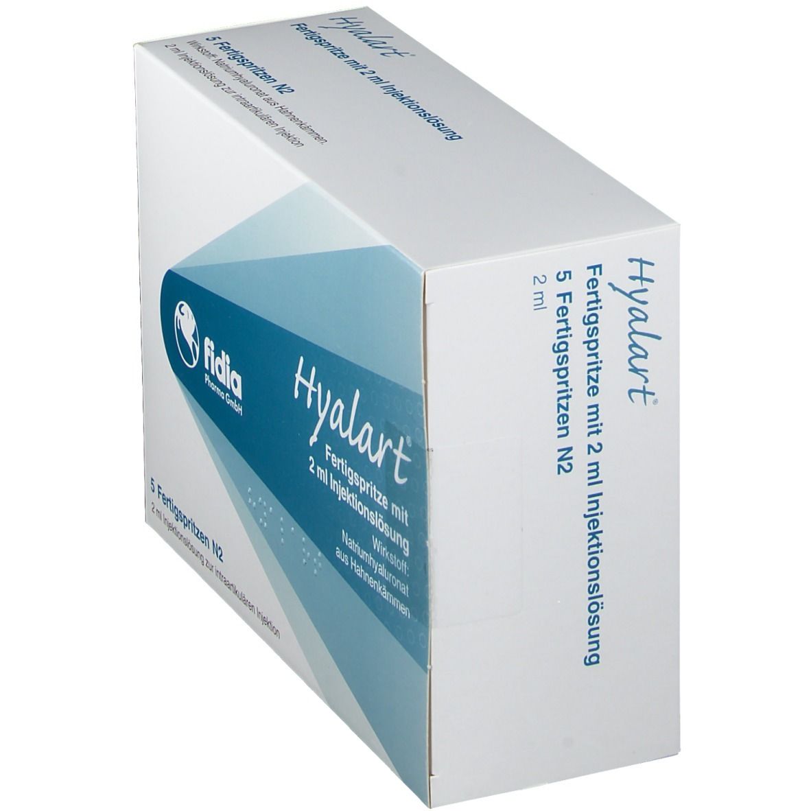 Schräg stehende weiße Faltschachtel mit blauer Schrift und Logo. Beschriftung: Hyalart, Fertigspritze mit 2 ml Injektionslösung. 5 Fertigspritzen.