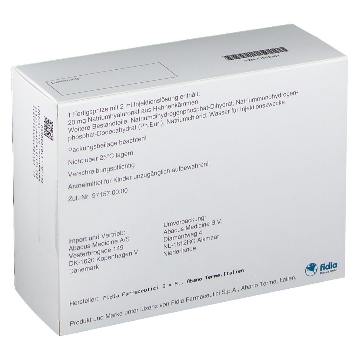 Rückseite einer weißen Faltschachtel. Text in deutscher Sprache. Angaben zu Inhaltsstoffen, Hersteller, Importeur und Vertrieb.