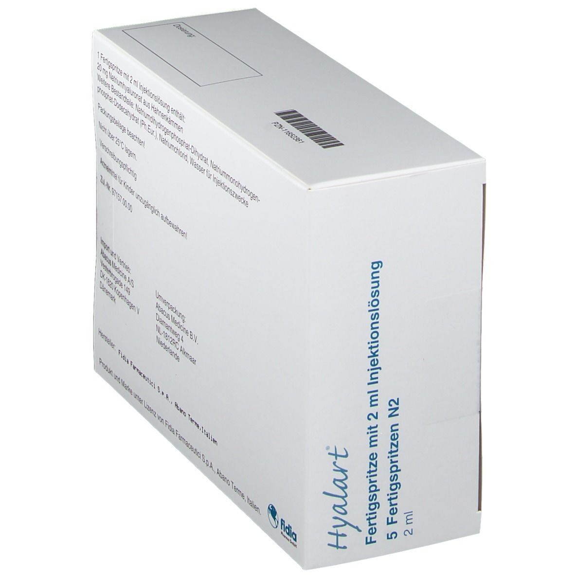 Schräg stehende weiße Faltschachtel. Beschriftung: Hyalart, Fertigspritze mit 2 ml Injektionslösung. 5 Fertigspritzen N2. Rückseite mit Text.