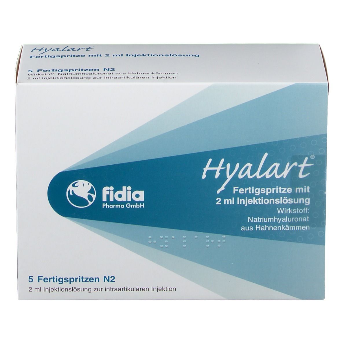 Weiße Faltschachtel mit blauer Schrift und Logo. Beschriftung: Hyalart, Fertigspritze mit 2 ml Injektionslösung. 5 Fertigspritzen N2.