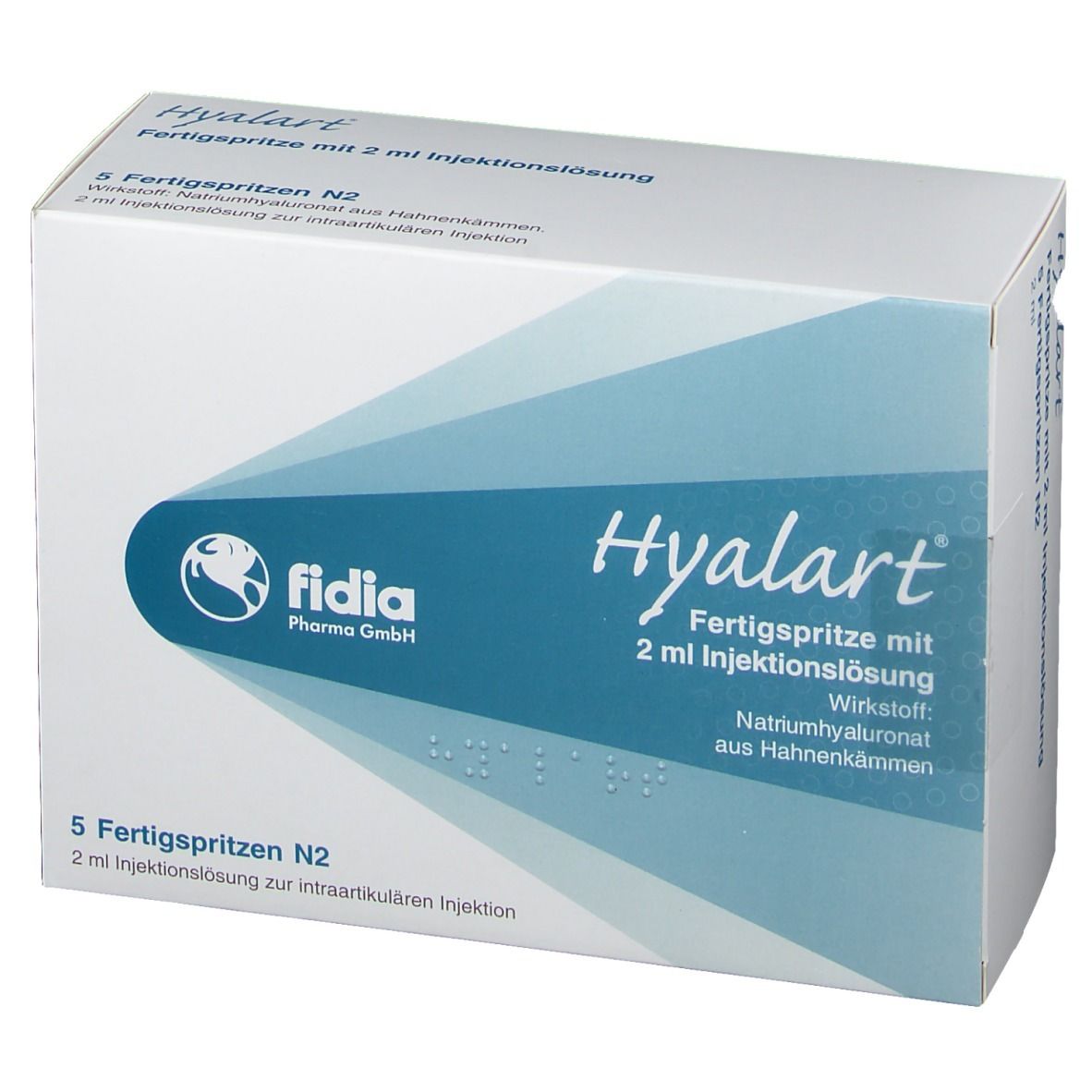 Weiße Faltschachtel mit blauer Schrift und Logo. Beschriftung: Hyalart, Fertigspritze mit 2 ml Injektionslösung. 5 Fertigspritzen N2.