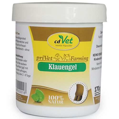 Weißer Behälter mit Deckel. Aufschrift "cdVet priVet Farming Klauengel". Abbildung eines Hufs. "100% Natur" und "170g" sind ebenfalls sichtbar.