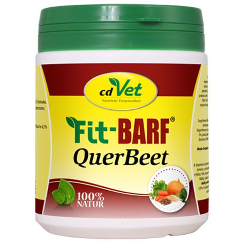 Weißes Behältnis mit grünem Deckel. Aufschrift: cd Vet Fit-BARF QuerBeet. Gelbes Etikett mit Gemüse-Illustration und 100% Natur.