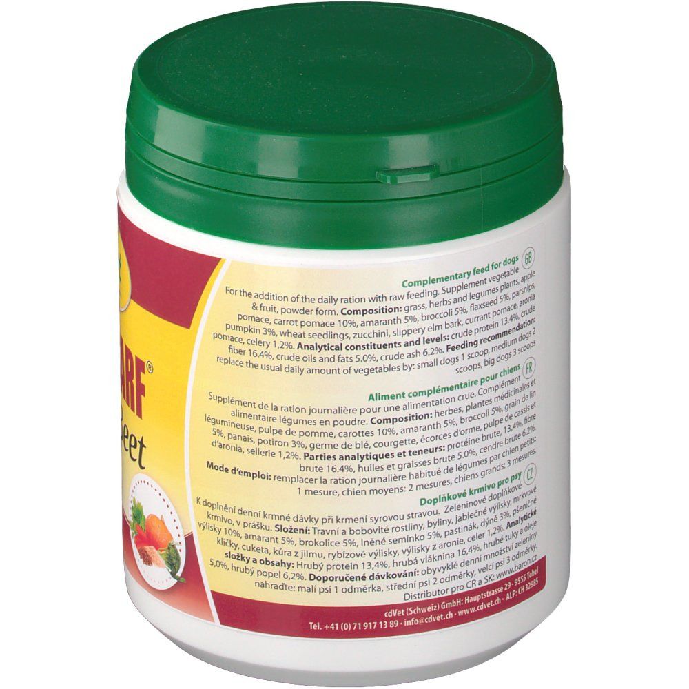 Rückseite des weißen Behälters mit grünem Deckel. Text in mehreren Sprachen, darunter Deutsch, Französisch und Englisch.