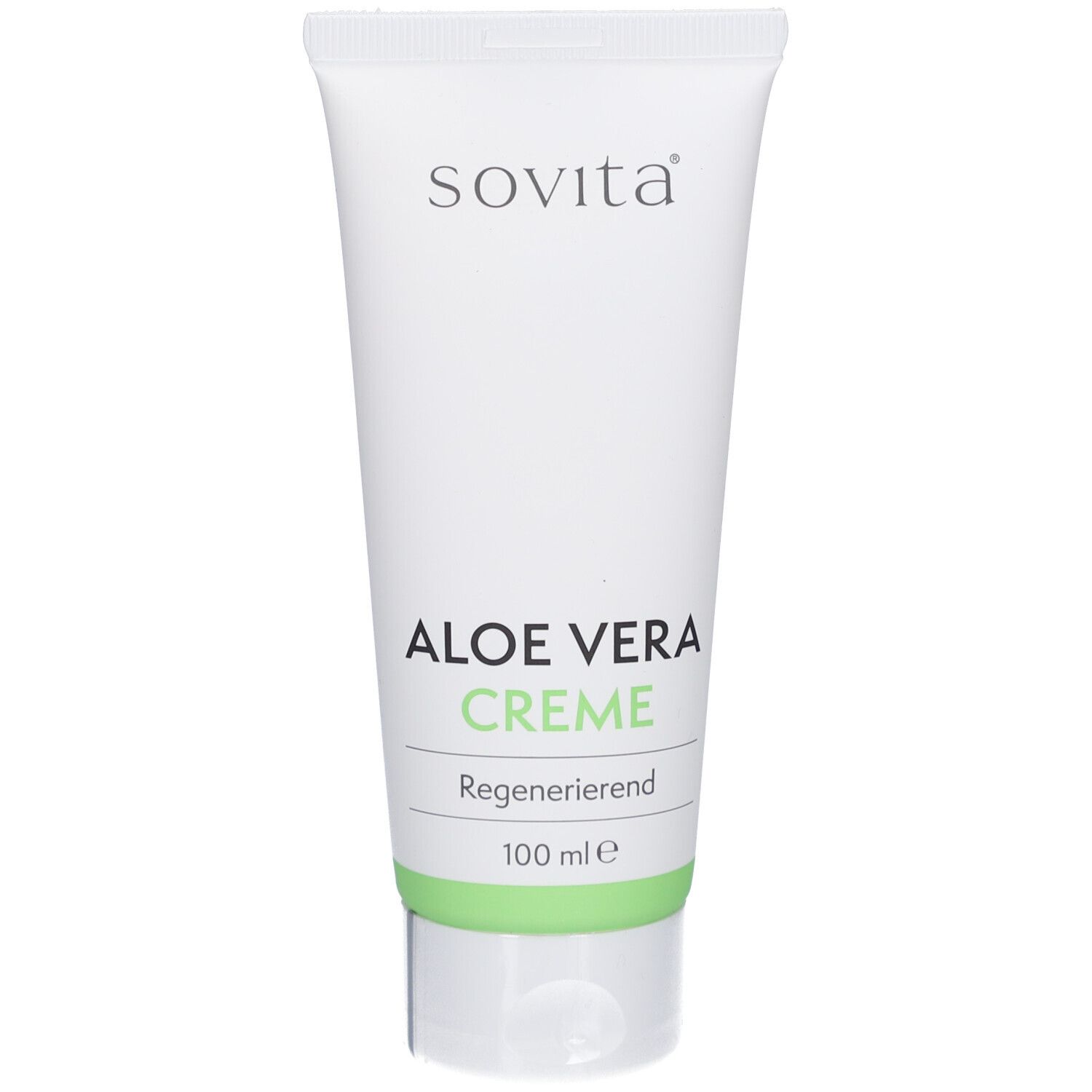Weiße Tube mit grünen Akzenten. Schriftzug Sovita und Aloe Vera Creme. Regenerierende Creme. 100 ml.