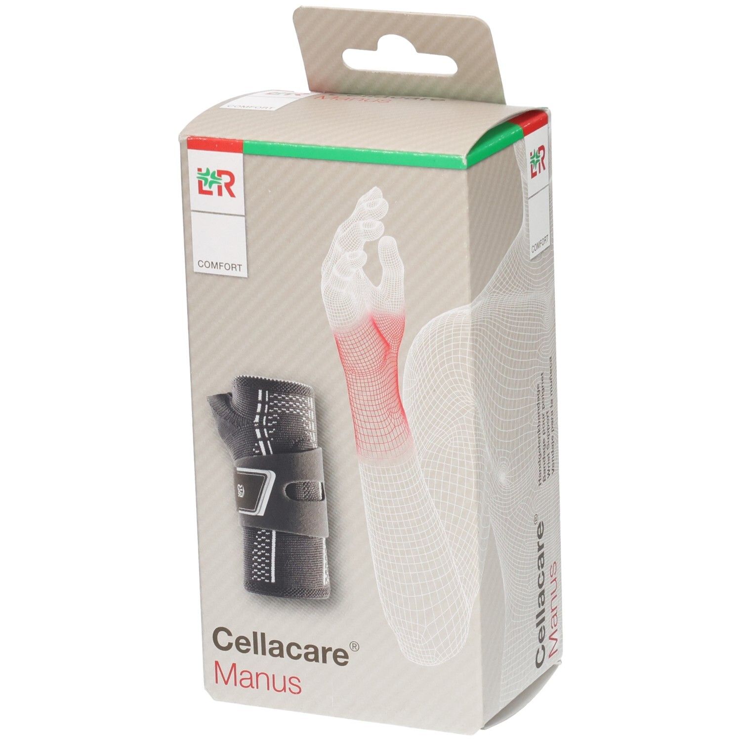 Verpackung einer L&R Cellacare® Manus Comfort Handgelenkbandage mit Abbildung des Produkts und einer Hand.
