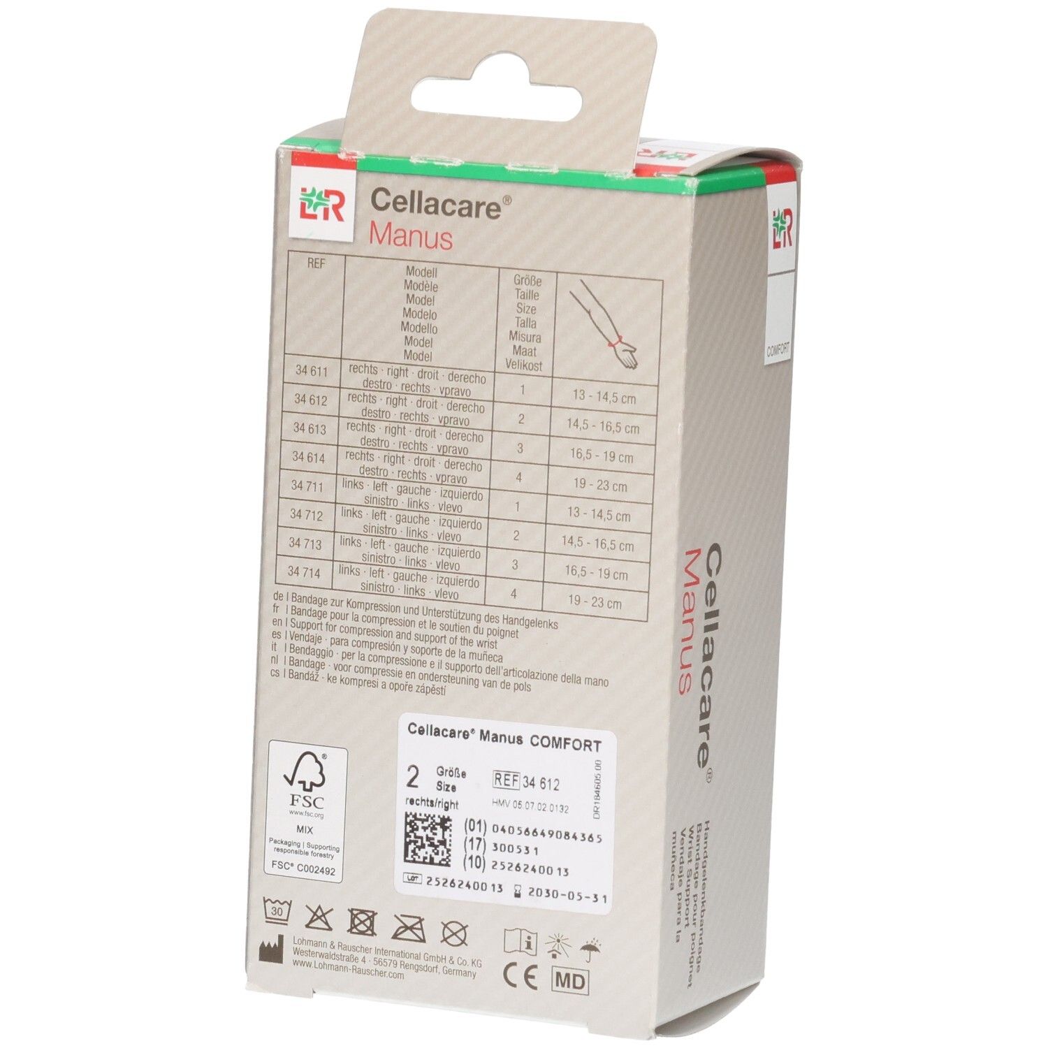 Rückseite der Verpackung einer L&R Cellacare® Manus Comfort Handgelenkbandage mit Größentabelle und Produktinformationen.