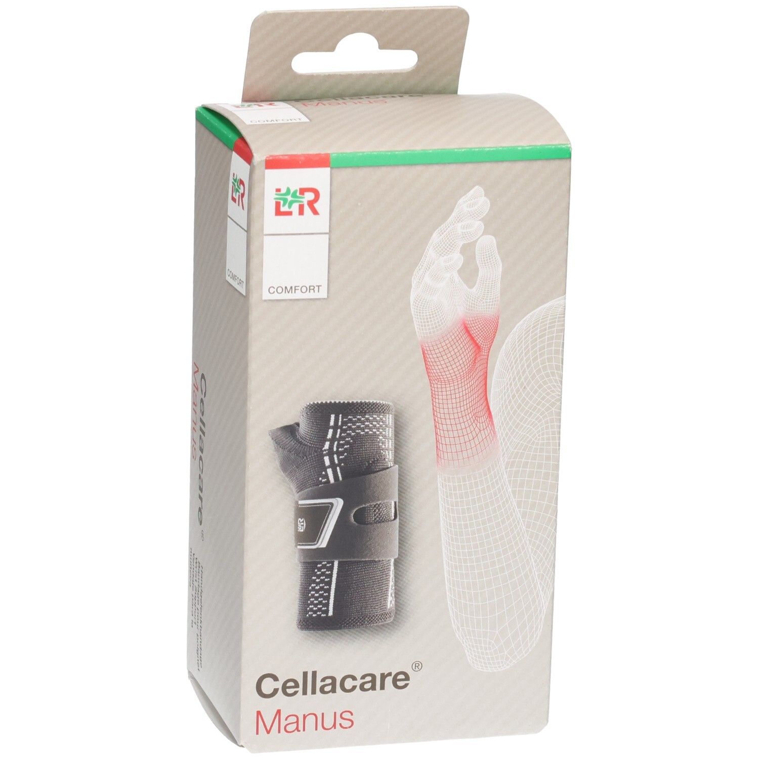 Verpackung einer L&R Cellacare® Manus Comfort Handgelenkbandage mit Abbildung des Produkts und einer Hand.
