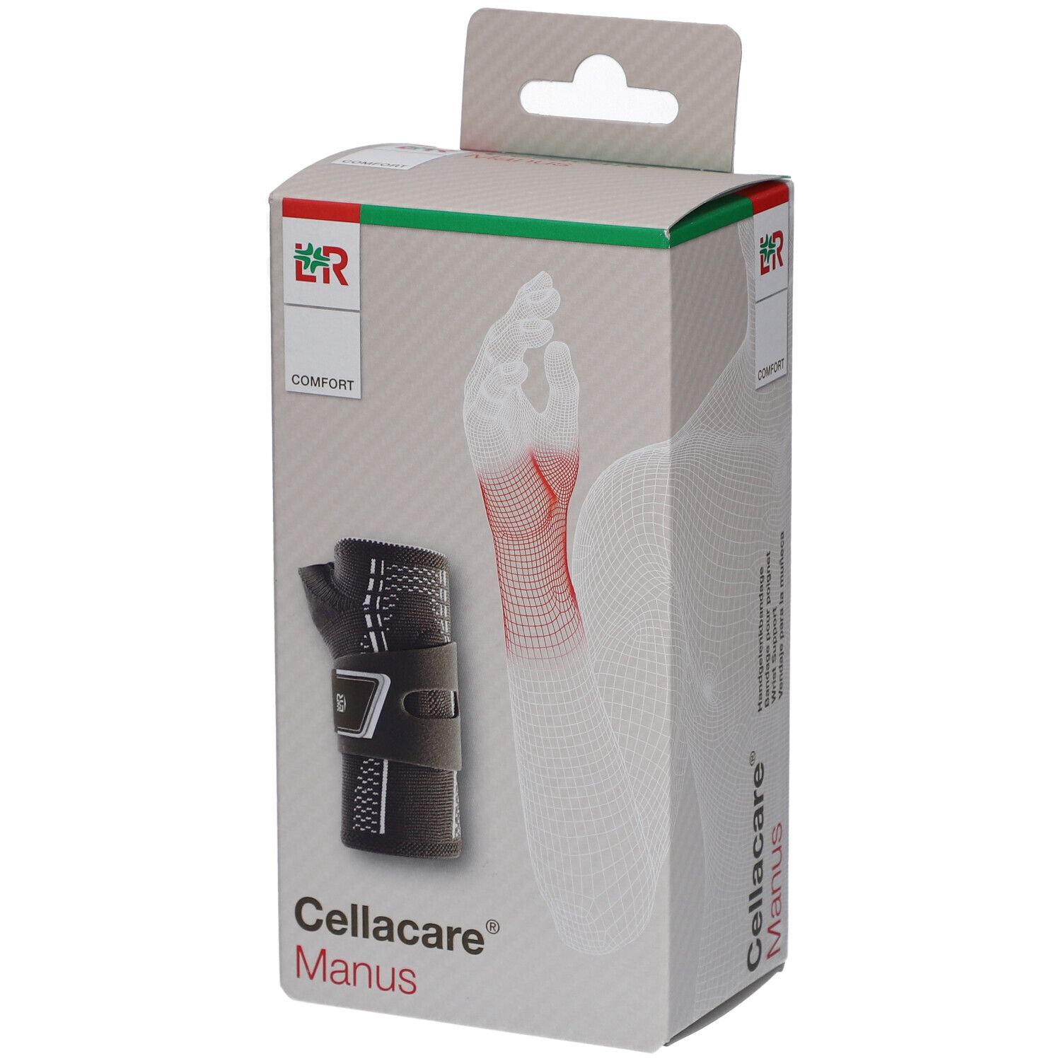 Verpackung der Cellacare® Manus Comfort Handgelenkbandage. Zeigt das Produkt und eine schematische Darstellung des Handgelenks.