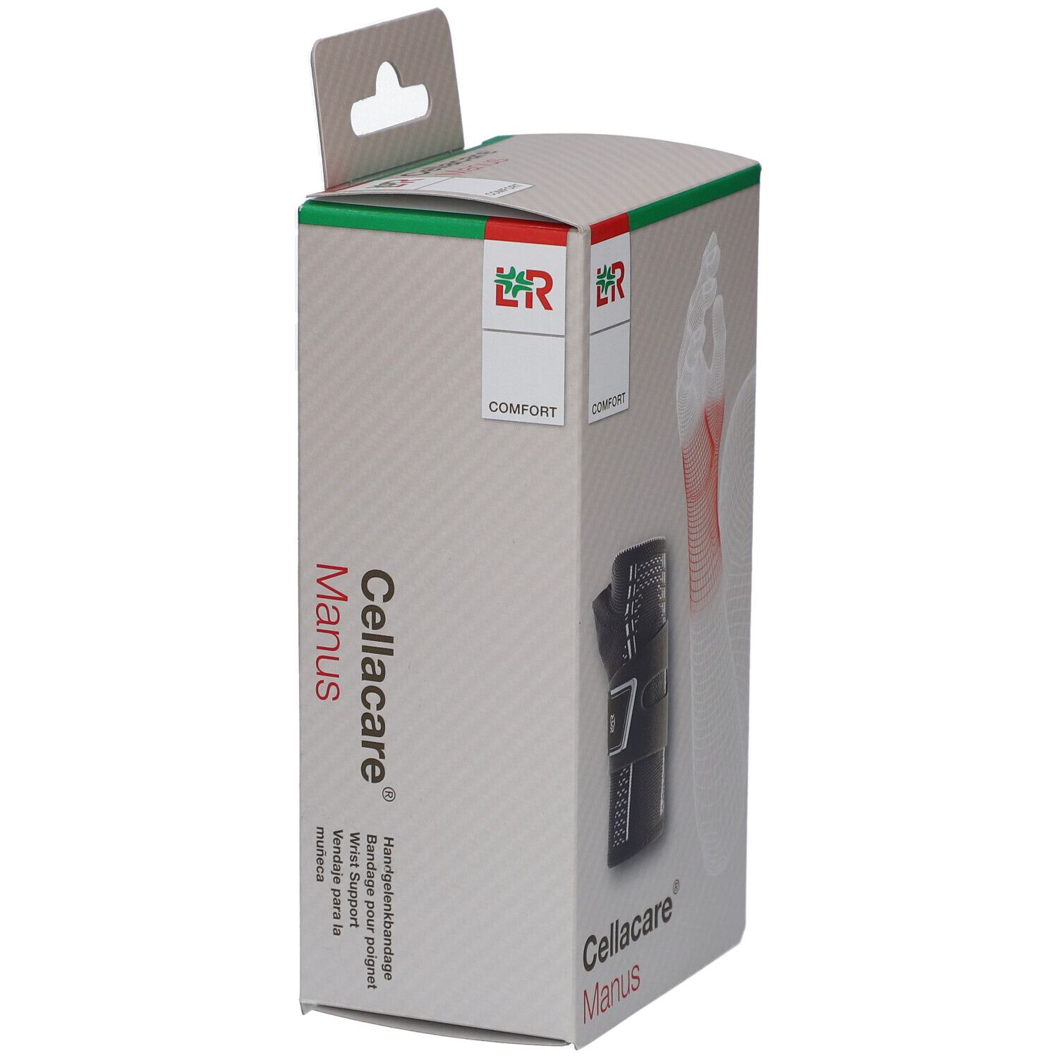 Verpackung der Cellacare® Manus Comfort Handgelenkbandage. Seitenansicht mit Produktabbildung und Produktnamen.