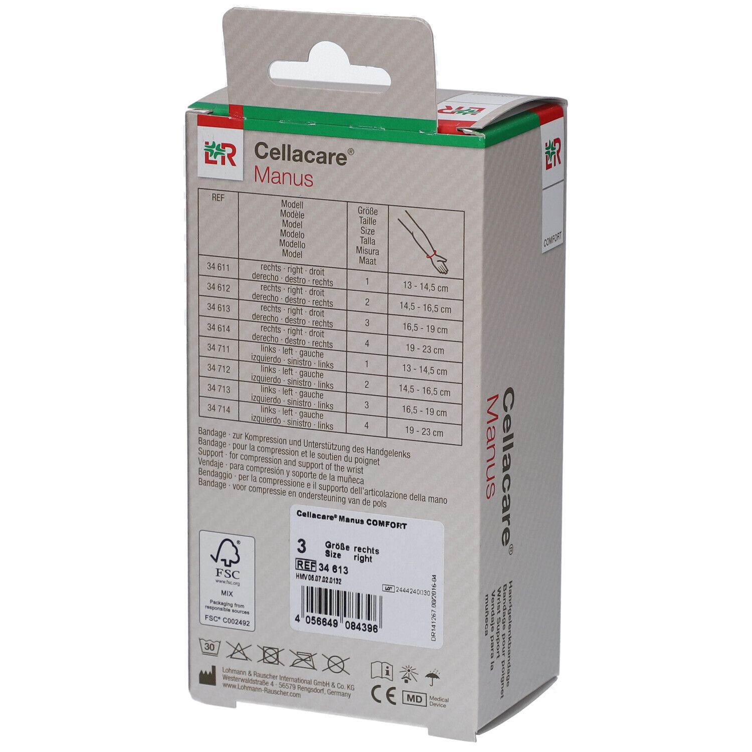 Verpackung der Cellacare® Manus Comfort Handgelenkbandage. Rückseite mit Größentabelle und Produktinformationen.