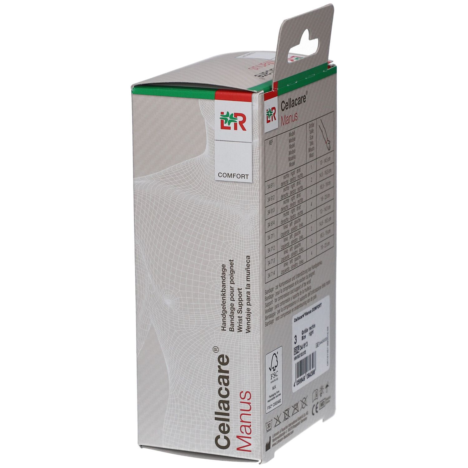 Verpackung der Cellacare® Manus Comfort Handgelenkbandage. Seitenansicht mit Produktinformationen und Größentabelle.