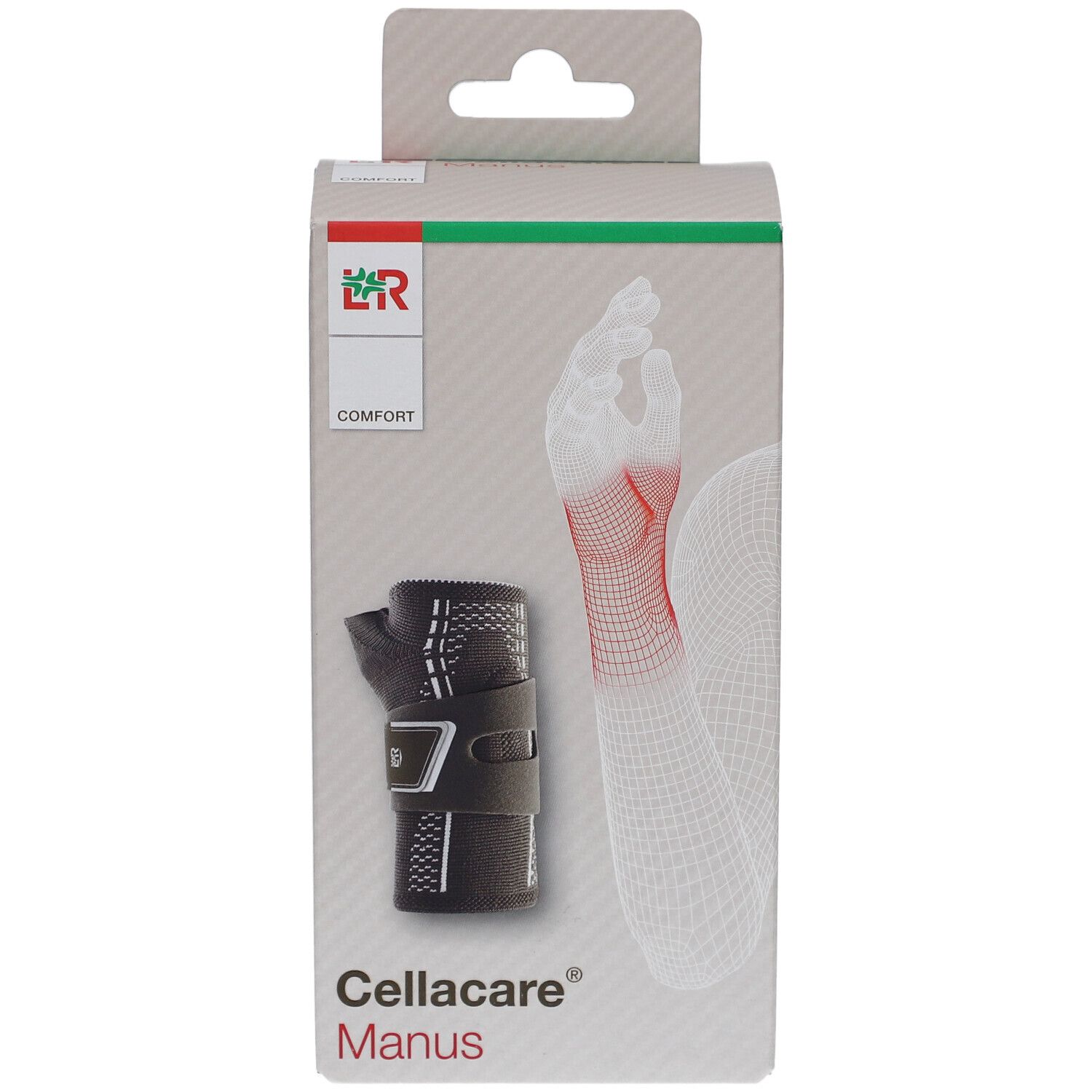 Verpackung der Cellacare® Manus Comfort Handgelenkbandage. Zeigt das Produkt und eine schematische Darstellung des Handgelenks.