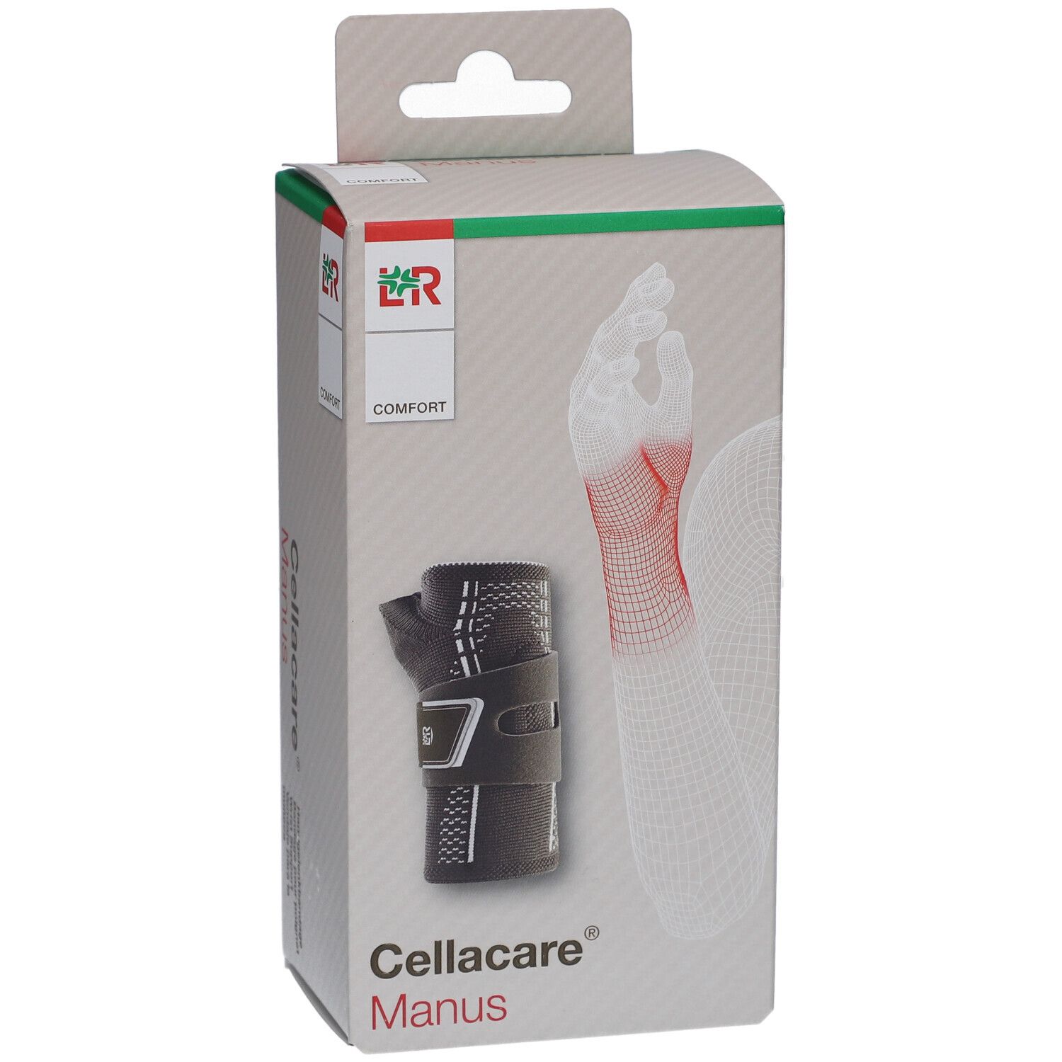 Verpackung der Cellacare® Manus Comfort Handgelenkbandage. Zeigt das Produkt und eine schematische Darstellung des Handgelenks.