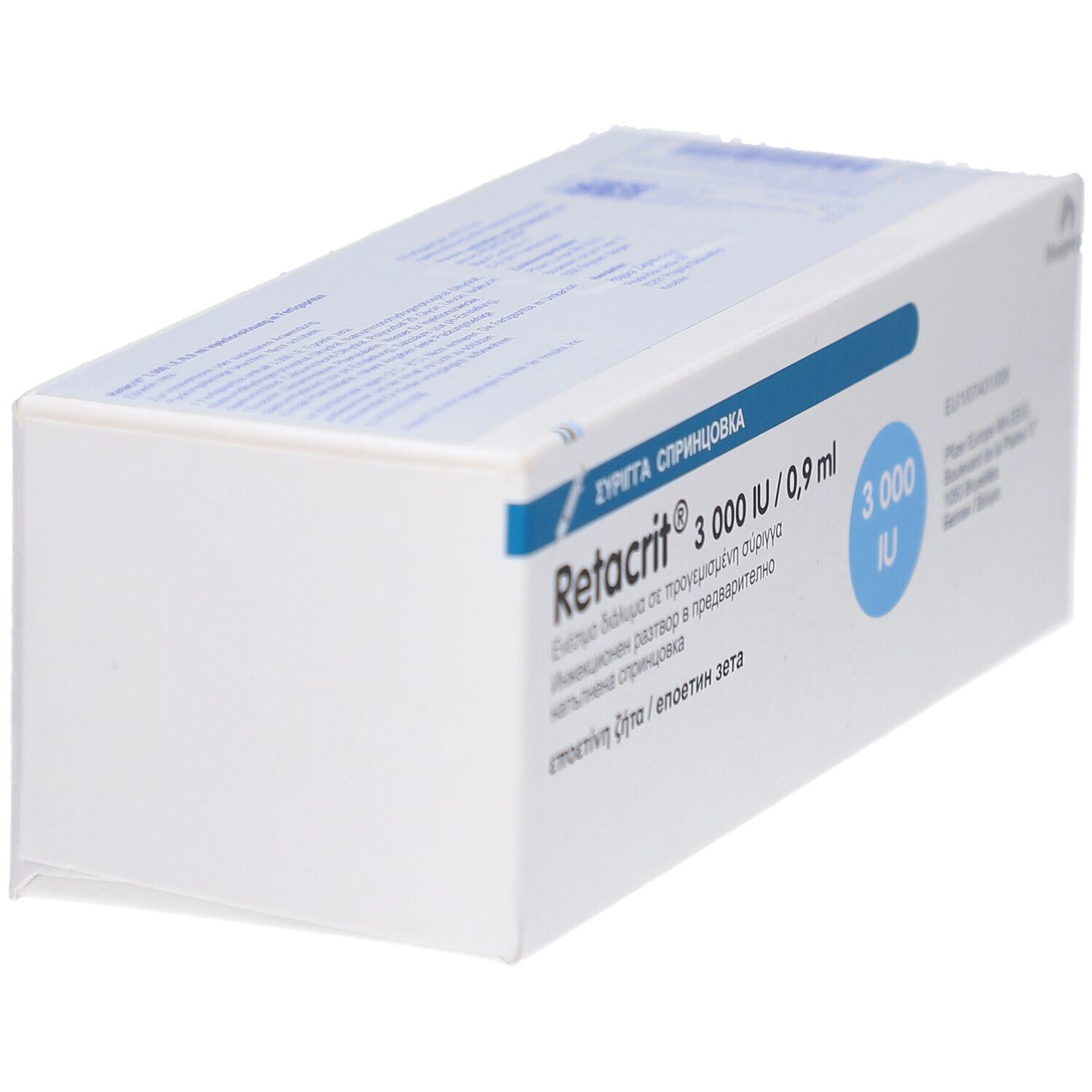 Weiße Verpackung, schräg von der Seite. Aufdruck: Retacrit 3.000 IE/0,9 ml. Blaues Feld mit 3.000 IU.
