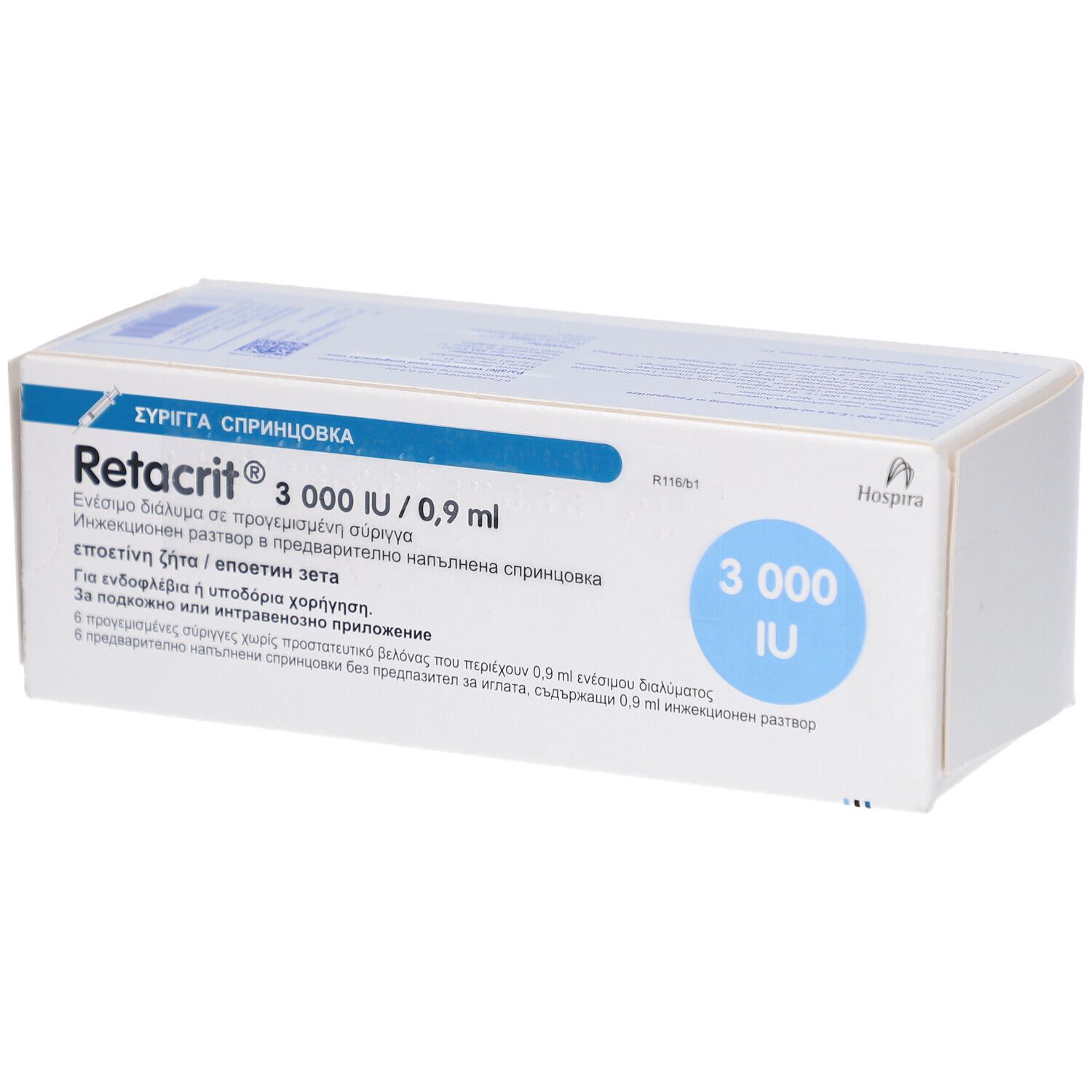 Weiße Verpackung mit blauer Schrift. Aufdruck: Retacrit 3.000 IE/0,9 ml. Hospira-Logo. 3.000 IU.