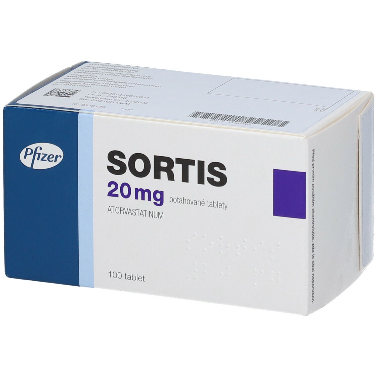 Schachtel Sortis 20 mg Filmtabletten. Blaue und weiße Verpackung mit Pfizer-Logo. Text: Atorvastatin, 100 Tabletten.