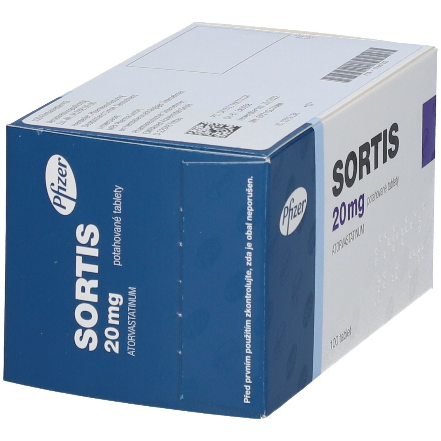 Schachtel Sortis 20 mg Filmtabletten. Blaue und weiße Verpackung mit Pfizer-Logo. Text: Atorvastatin, 100 Tabletten.