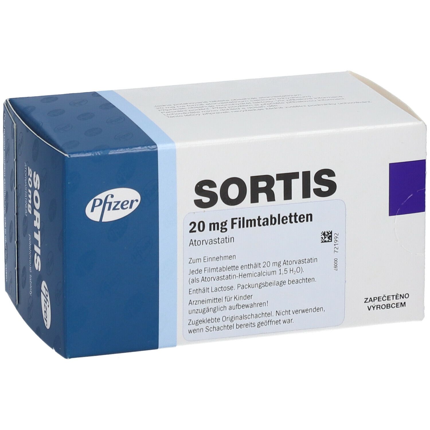 Schachtel Sortis 20 mg Filmtabletten. Blaue und weiße Verpackung mit Pfizer-Logo. Text: Atorvastatin.