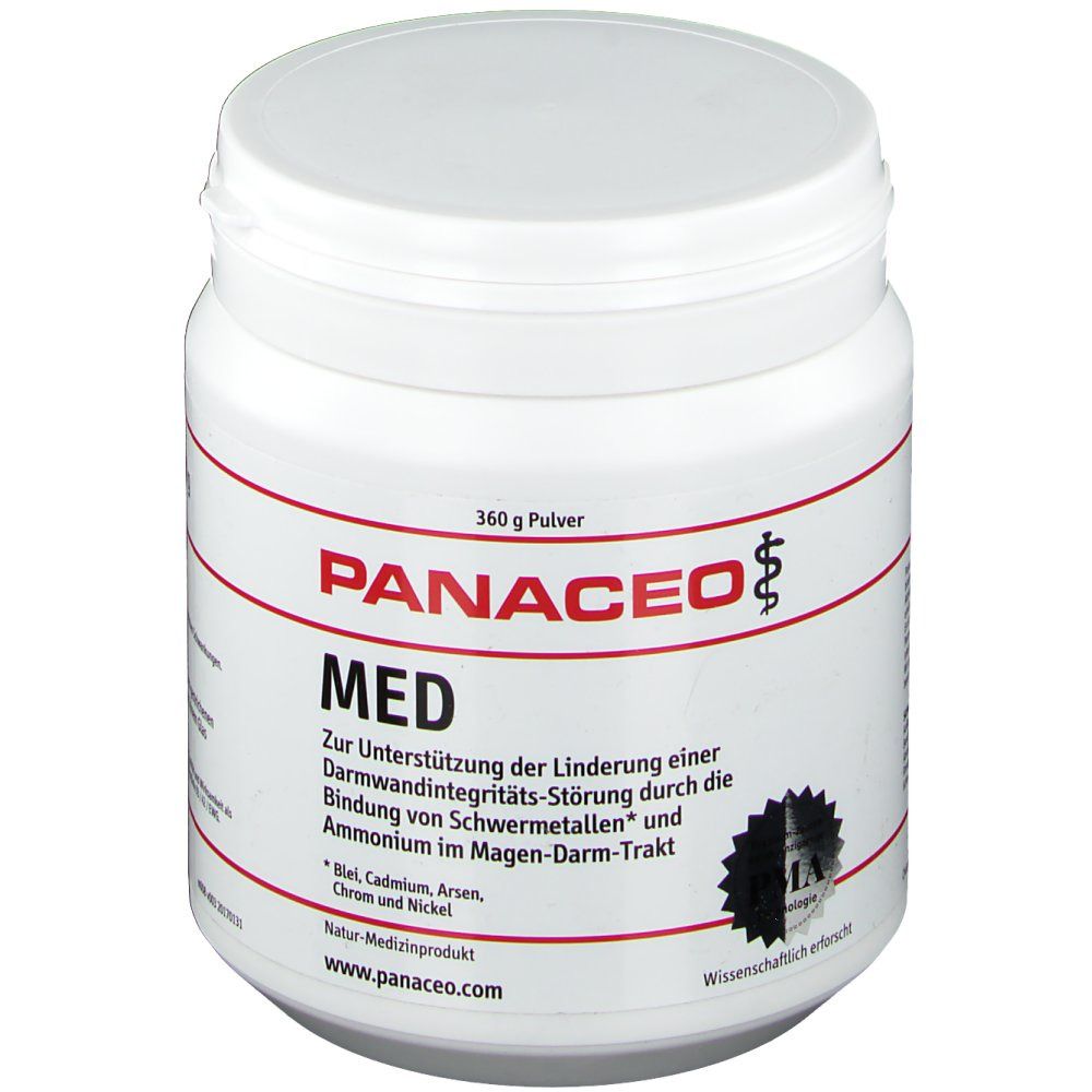 Weißes Pulver in einer Dose. Aufschrift: PANACEO MED. 360 g Pulver. Enthält Schwermetalle.