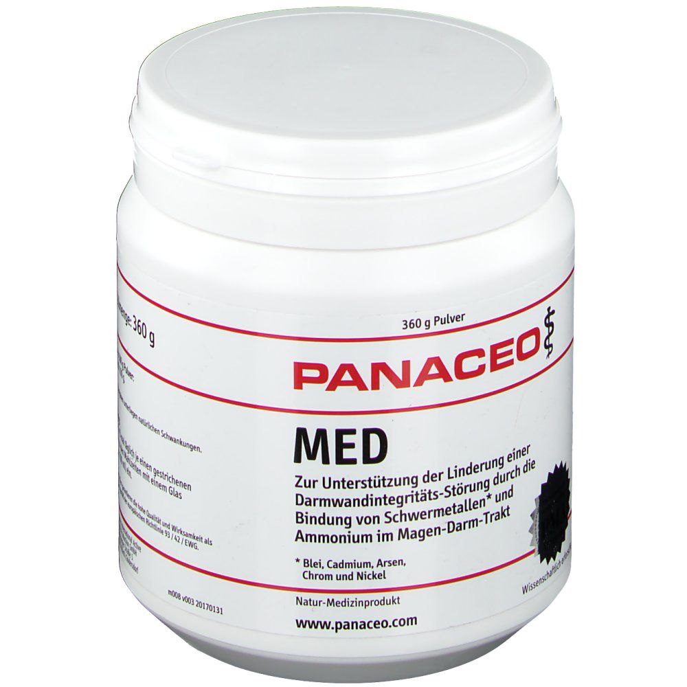 Weiße Dose mit Deckel. Aufschrift: PANACEO MED. 360 g Pulver. Enthält Schwermetalle.