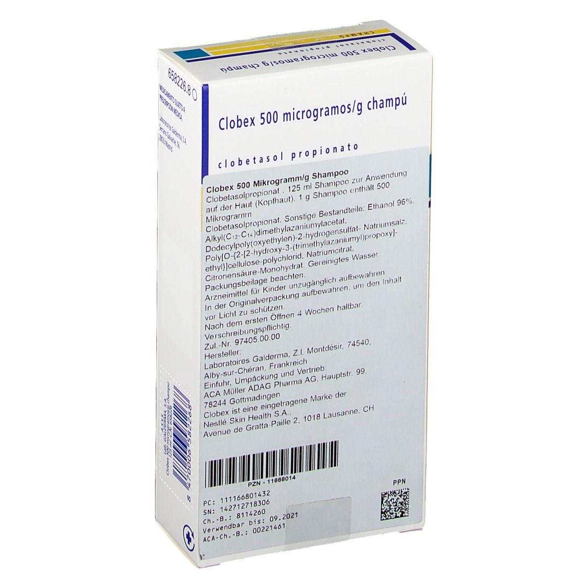 Schachtel mit Produktinformationen. Aufschrift: Clobex 500 Mikrogramm/g Champú. Enthält Inhaltsstoffe und Herstellerangaben.