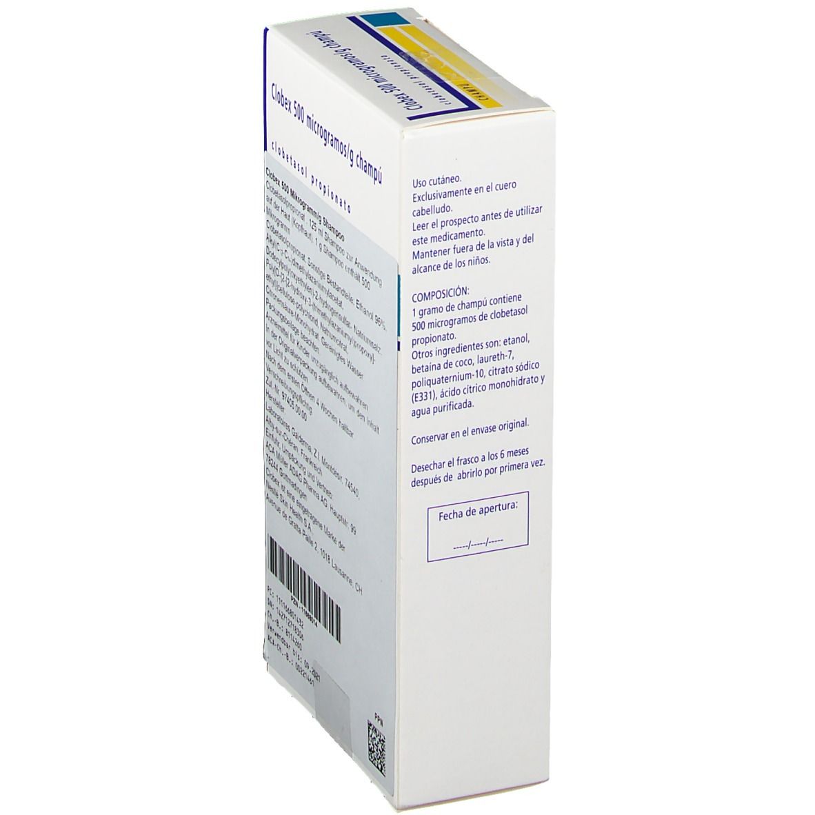 Seitenansicht der Clobex 500 Mikrogramm/g Shampoo-Verpackung mit Anwendungs- und Zusammensetzungsinformationen.