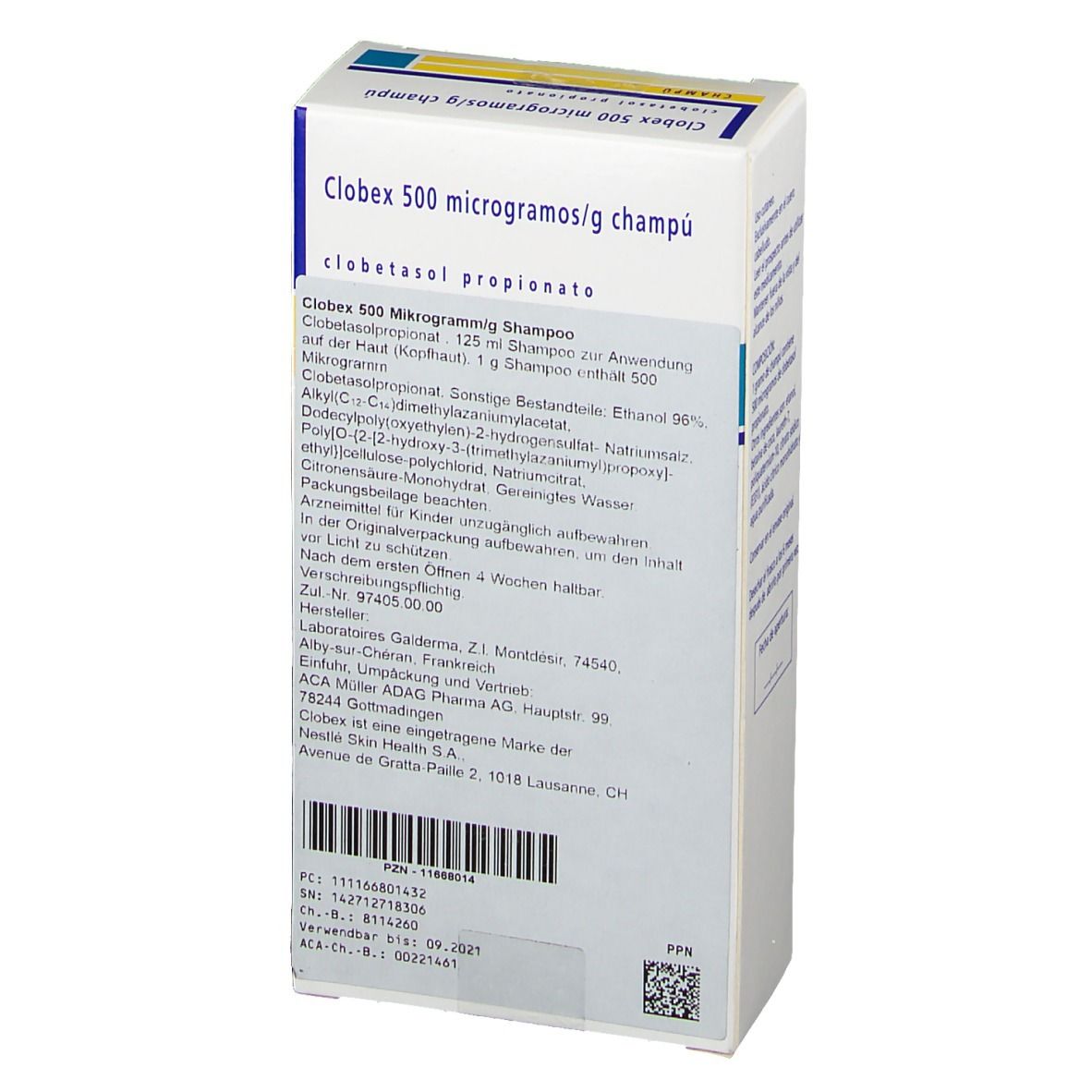 Schachtel mit Produktinformationen. Aufschrift: Clobex 500 Mikrogramm/g Champú. Enthält Inhaltsstoffe und Herstellerangaben.