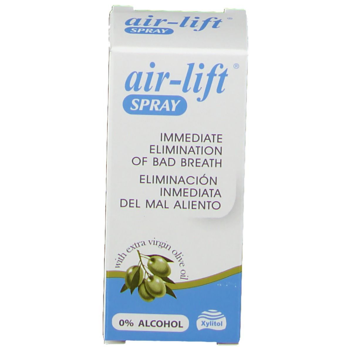 Verpackung mit Text: air-lift Spray, 0% Alkohol. Mit Oliven-Illustration.