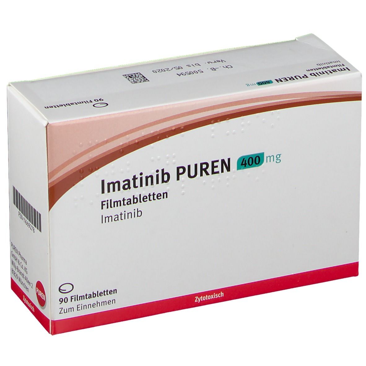 Schachtel mit Imatinib PUREN 400 mg Filmtabletten. Aufschrift: 90 Filmtabletten. Braune und weiße Verpackung.