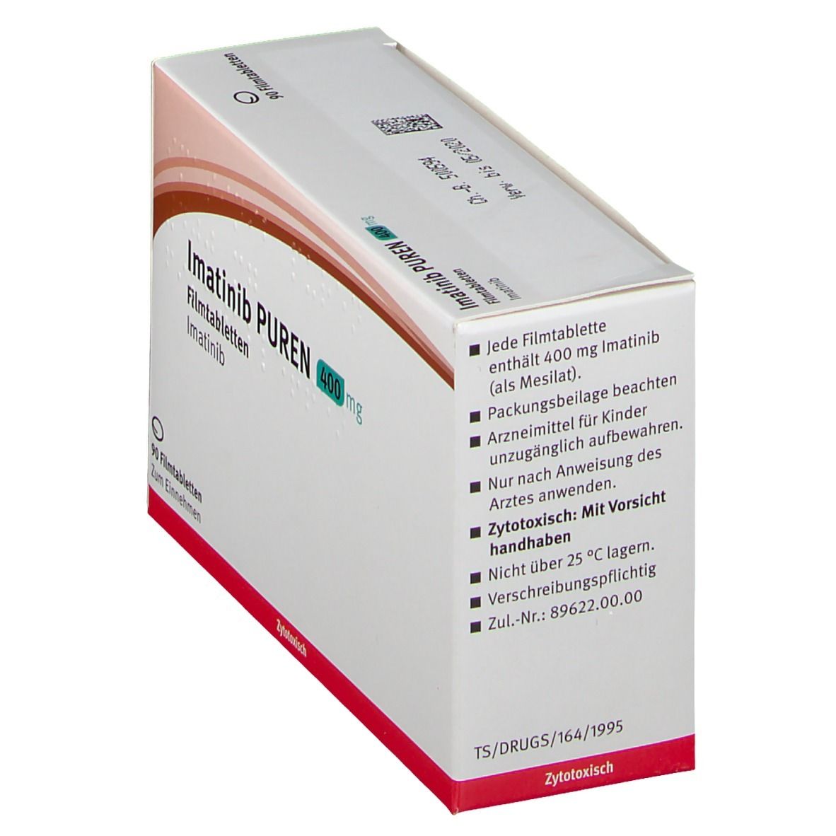 Schachtel mit Imatinib PUREN 400 mg. Aufschrift: 90 Filmtabletten. Weiße Schachtel mit braunen Akzenten. Text.