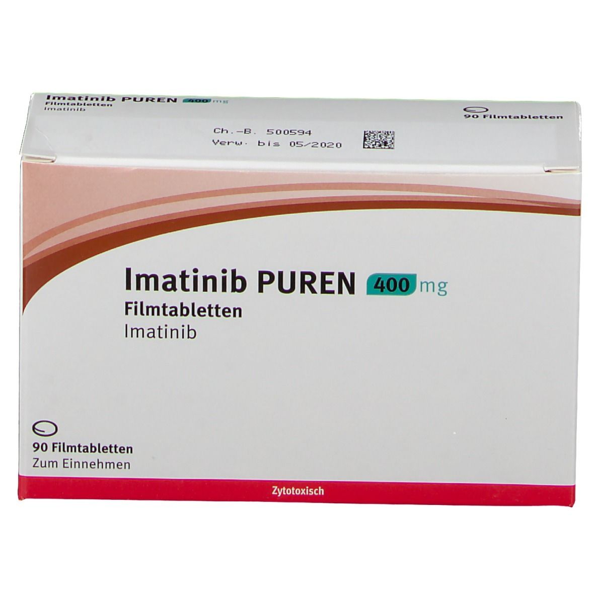 Schachtel mit Imatinib PUREN 400 mg Filmtabletten. Aufschrift: 90 Filmtabletten. Braune und weiße Verpackung.