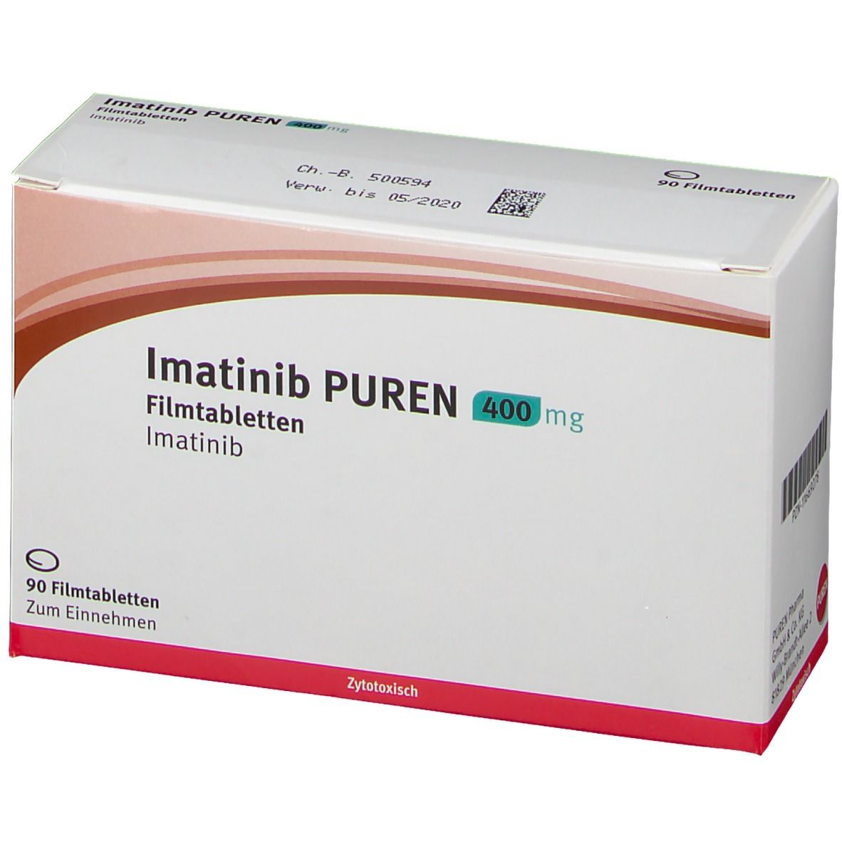 Schachtel mit Imatinib PUREN 400 mg Filmtabletten. Aufschrift: 90 Filmtabletten. Braune und weiße Verpackung.