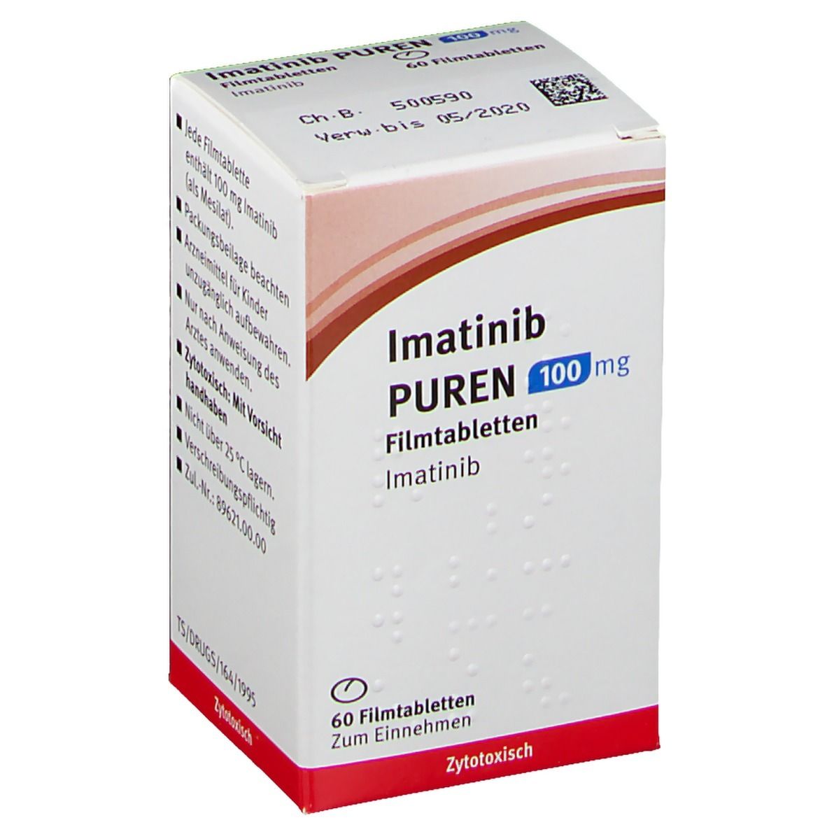 Schachtel Imatinib PUREN 100 mg Filmtabletten. Aufschrift: 60 Filmtabletten. Braune und blaue Akzente. Text in deutscher Sprache.