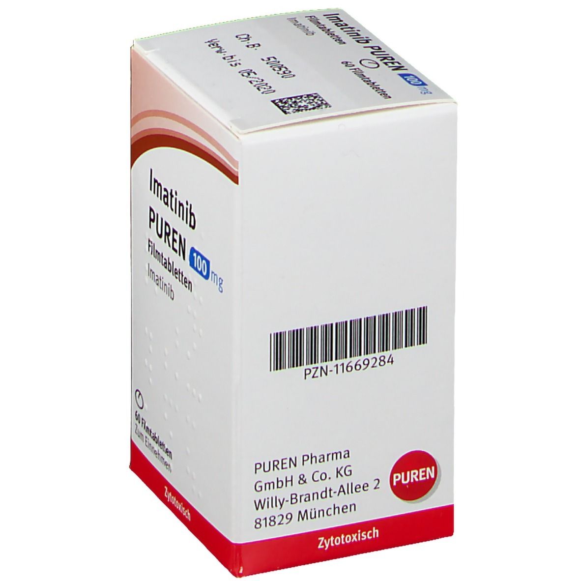 Schachtel Imatinib PUREN 100 mg. Barcode und PZN-Nummer. Aufschrift: PUREN Pharma GmbH & Co. KG. Text in deutscher Sprache.