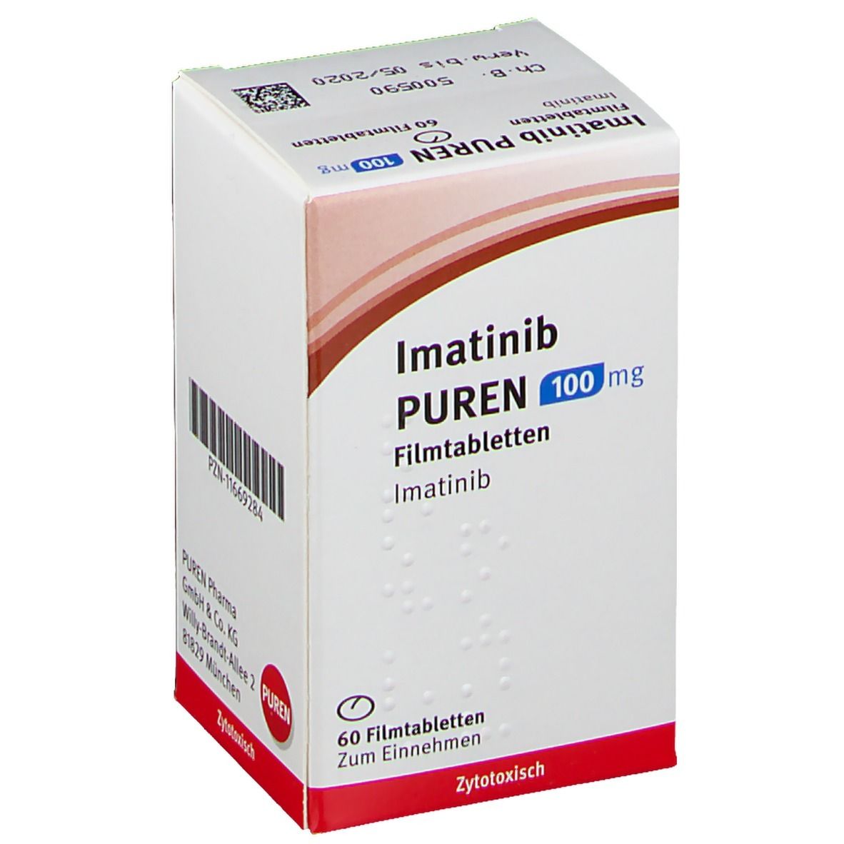 Schachtel Imatinib PUREN 100 mg Filmtabletten. Aufschrift: 60 Filmtabletten. Braune und blaue Akzente. Text in deutscher Sprache.