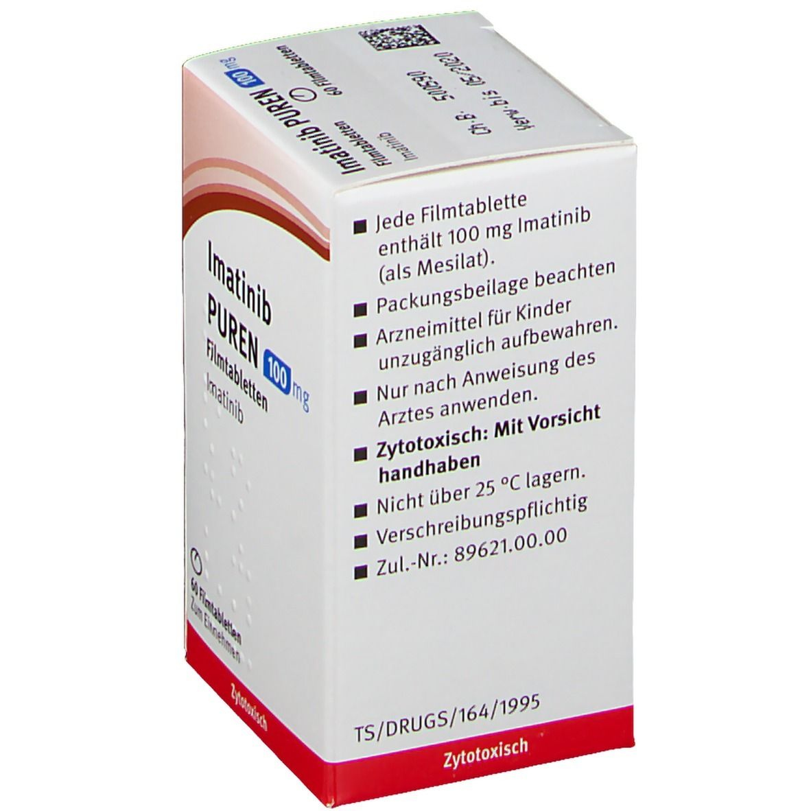 Schachtel Imatinib PUREN 100 mg Filmtabletten. Text in deutscher Sprache. Warnhinweis: Zytotoxisch. 60 Filmtabletten.