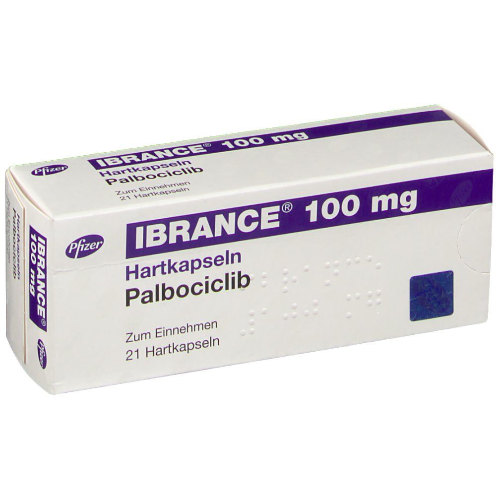Schachtel Ibrance® 100 mg. Weiß mit lila Akzenten. Text: Ibrance®, 100 mg, Hartkapseln, Palbociclib. 21 Hartkapseln. Pfizer-Logo.