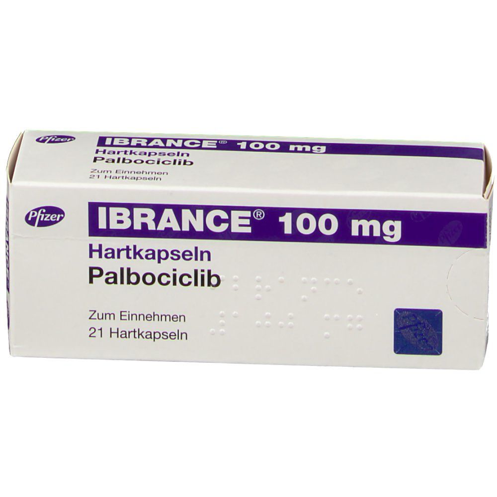 Schachtel Ibrance® 100 mg. Weiß mit lila Akzenten. Text: Ibrance®, 100 mg, Hartkapseln, Palbociclib. 21 Hartkapseln. Pfizer-Logo.