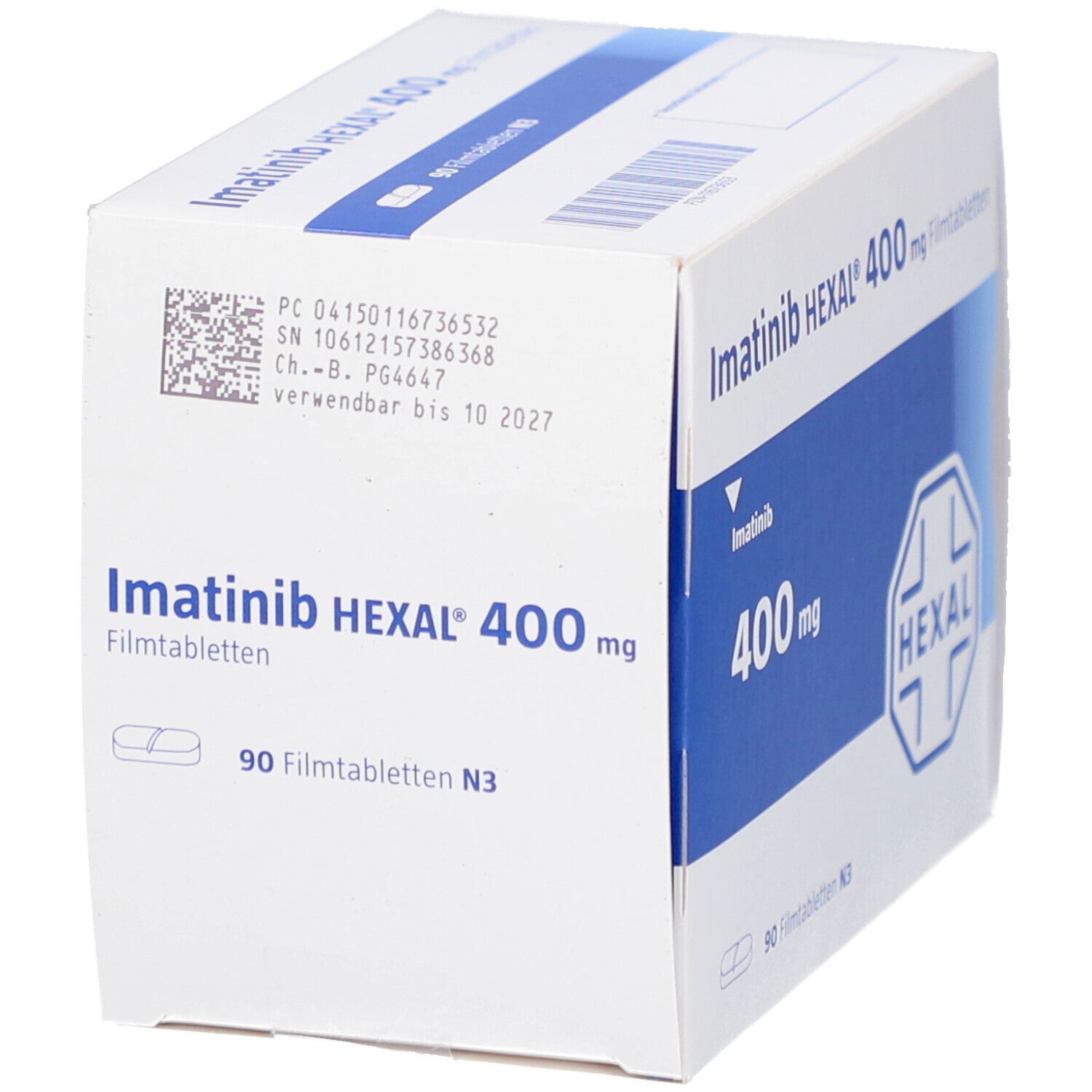 Schachtel mit Imatinib HEXAL 400 mg Filmtabletten. Weiße Verpackung mit blauen Akzenten. Enthält 90 Tabletten. Barcode und Chargennummer.