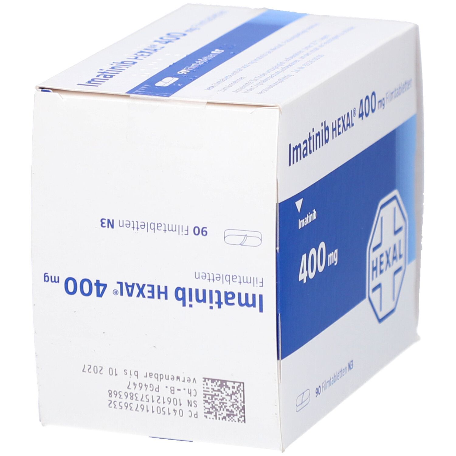 Schachtel mit Imatinib HEXAL 400 mg Filmtabletten. Weiße Verpackung mit blauen Akzenten. Enthält 90 Tabletten. Barcode und Chargennummer.