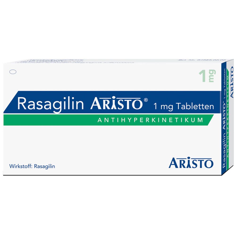 Schachtel mit Rasagilin Aristo 1 mg Tabletten. Grün-weißes Design mit Logo und Produktinformationen.