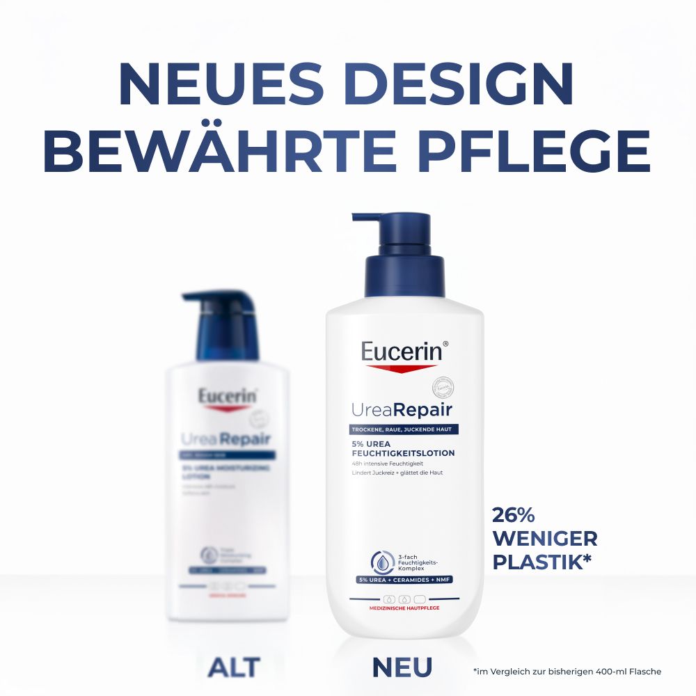 Neues Design der Eucerin UreaRepair PLUS Lotion im Vergleich zum alten Design.