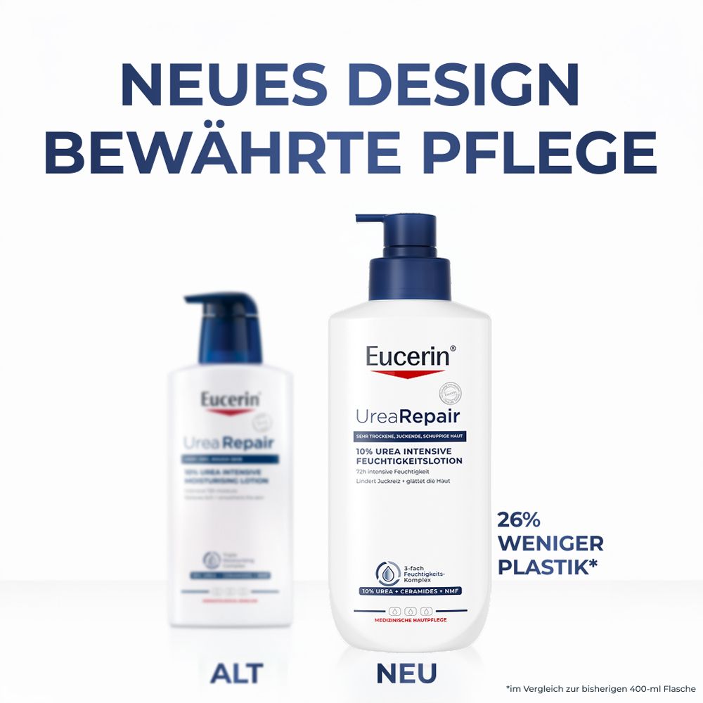 Neues Design der Eucerin UreaRepair PLUS Lotion 10% mit 26% weniger Plastik.