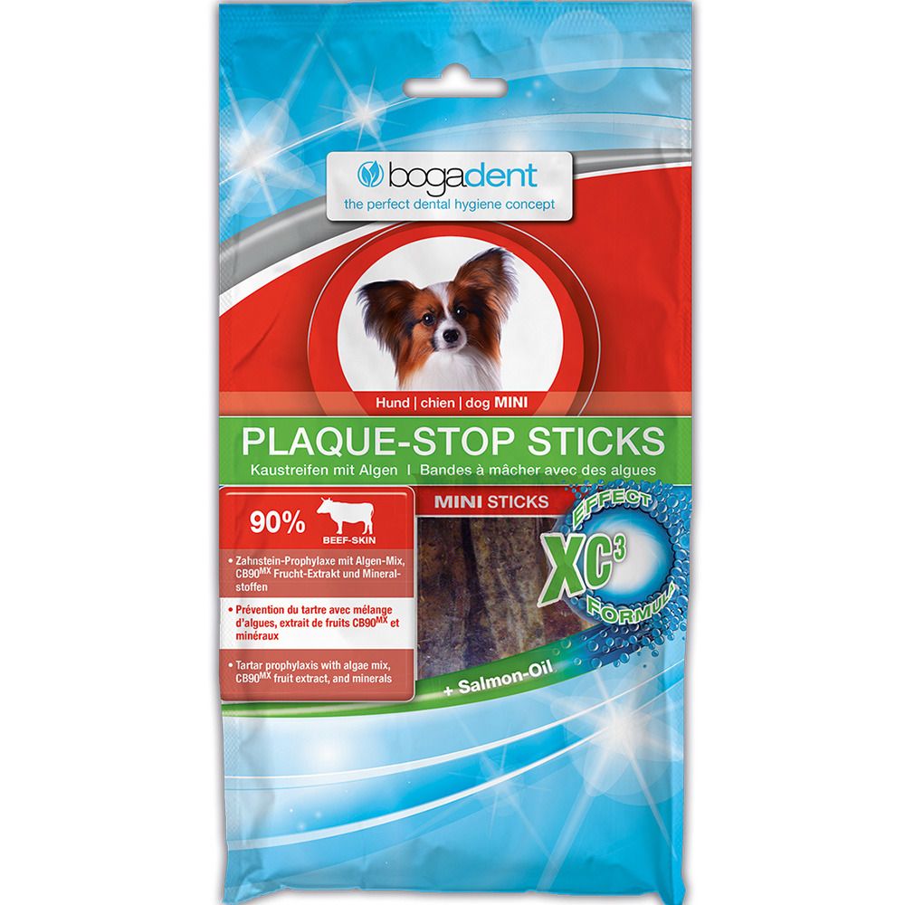 Verpackung mit bogadent Plaque-Stop Sticks mini für Hunde. Enthält 90% Rindfleisch, Algen, XC3-Formel und Lachsöl. Mini Sticks.