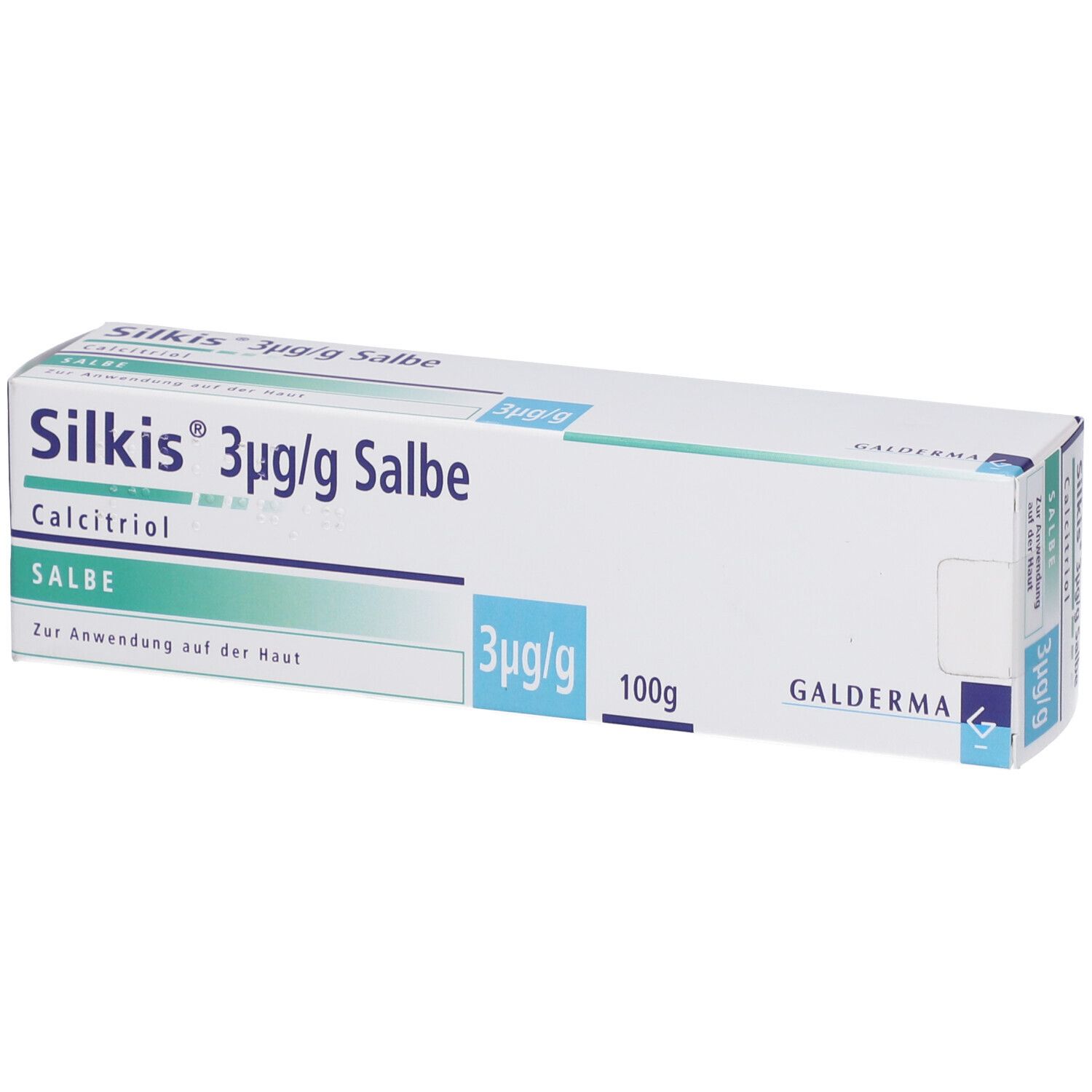 Schachtel mit Aufschrift Silkis 3µg/g Salbe, Calcitriol, Salbe. Blaue und grüne Akzente. Galderma Logo.