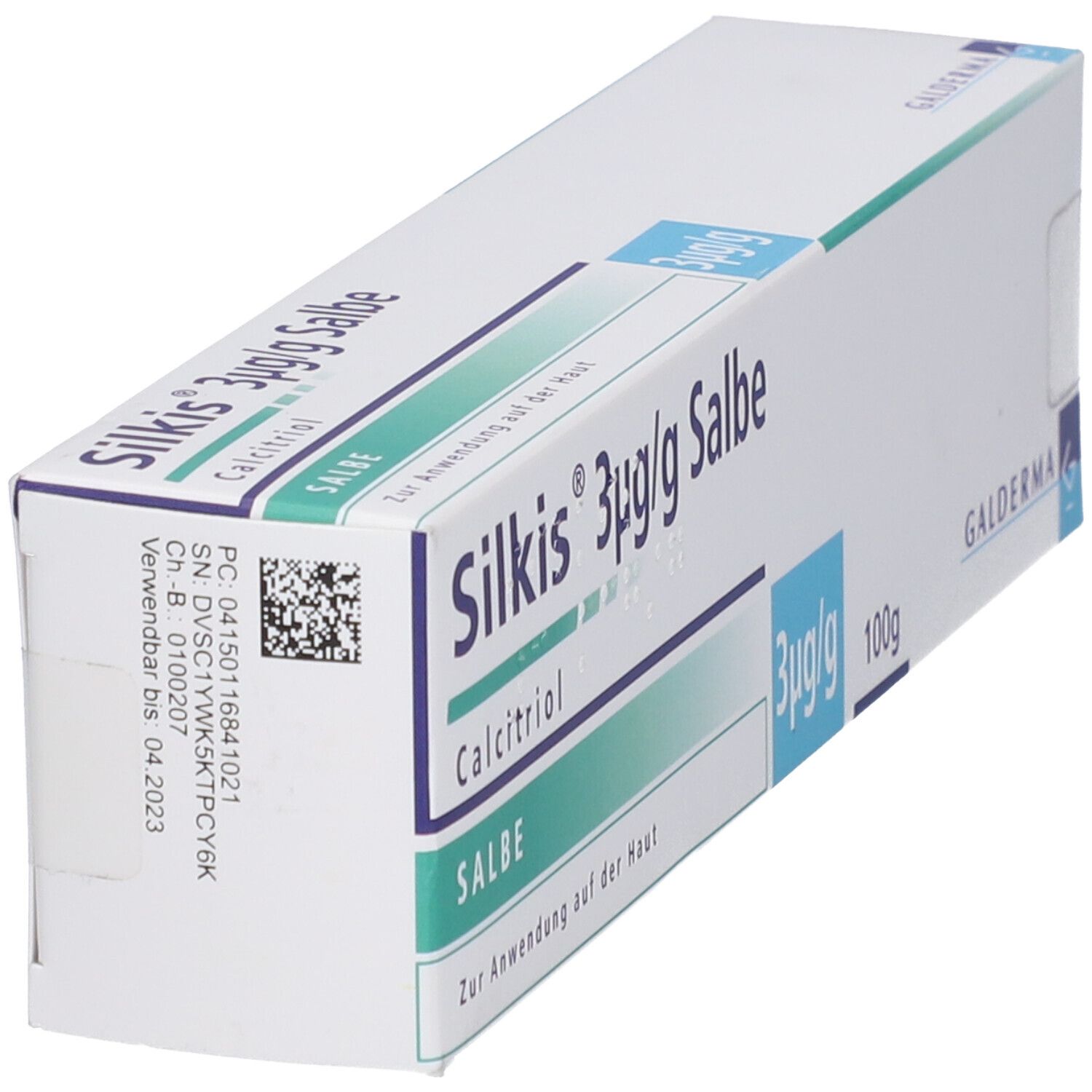 Schachtel Silkis 3µg/g Salbe, Calcitriol, Salbe. Blaue und grüne Akzente. Galderma Logo. Barcode und Chargennummer.