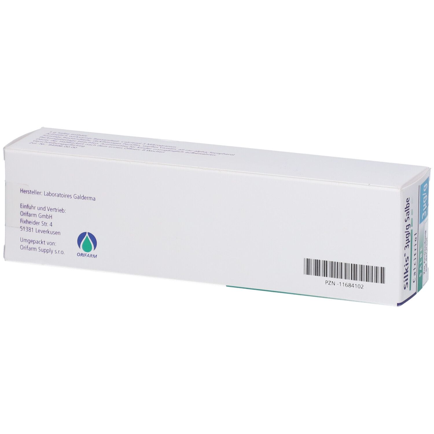 Weiße Schachtel mit Herstellerinformationen, Barcode und Silkis 3µg/g Salbe Aufdruck. Galderma Logo.