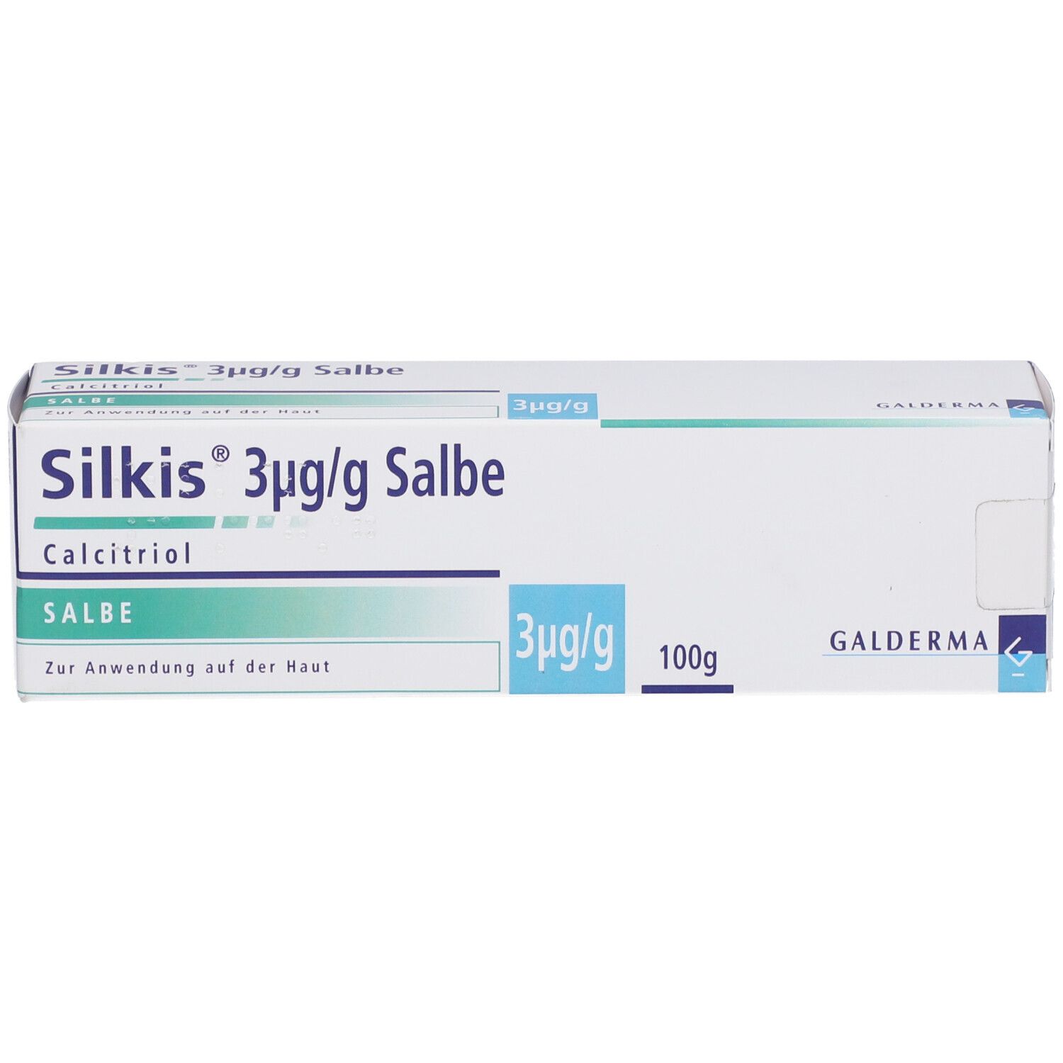 Schachtel Silkis 3µg/g Salbe, Calcitriol, Salbe. Blaue und grüne Akzente. Galderma Logo.